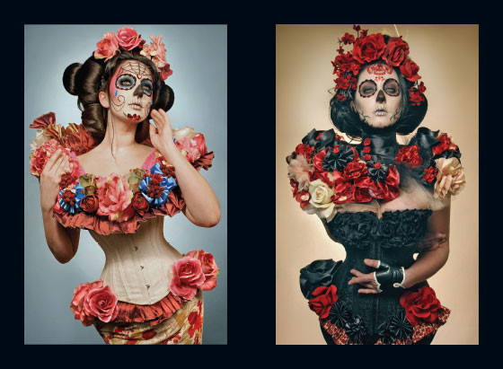 Sample spread 1 from 666 Photography: Virgin Queens and High-Camp Divas by Gayla Partridge, featuring Day of the Dead imagery