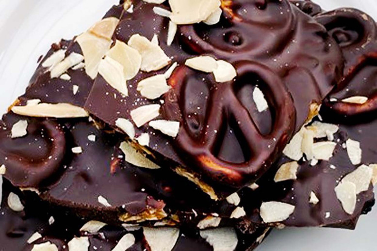 RECIPE: Dark Chocolate Bark with Pretzels and Candied Slivered Almond & Currants