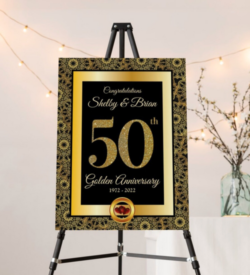 Black and Gold Golden Anniversary Personalized Text Foam Board Welcome Sign