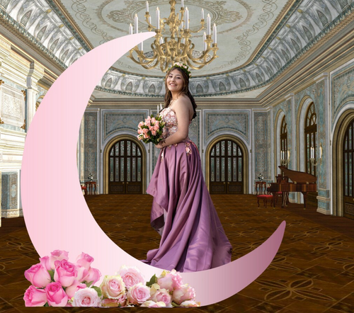 Large Pink Cardboard Moon with Roses, wedding entrance prop, theme party, prom decorations, baby shower. Easel included to make it stand.