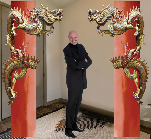 Chinese dragon cardboard cutout pillars, free standing with easel on the back.