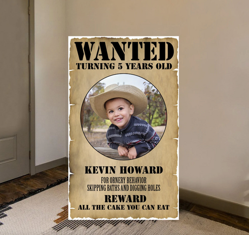 Wanted Poster birthday or party sign, cardboard cutout, free standing with easel on back