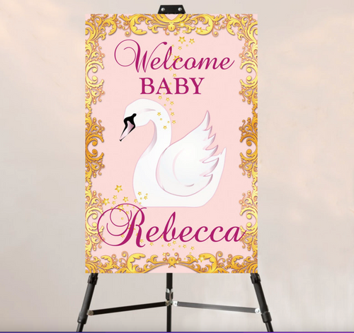 Elegant Pink and Gold Swan Foam Board Welcome Sign
