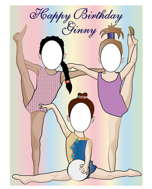 Gymnastics photo opt party prop with three cutout face holes, finished size is 52 inches tall x 38 inches wide