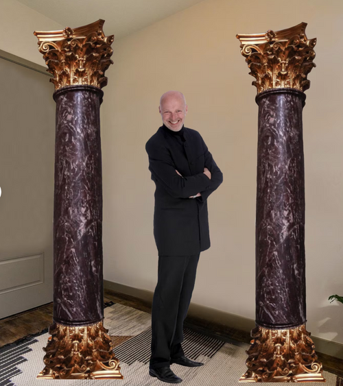 Two ornate marble cardboard cutout columns for entryway decorations with easel on back