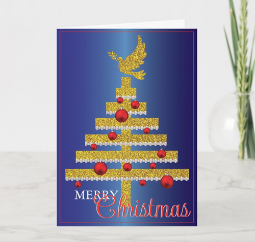 Bright and Colorful Christmas Tree Design Holiday Fold Over Greeting Card with Personalized Text