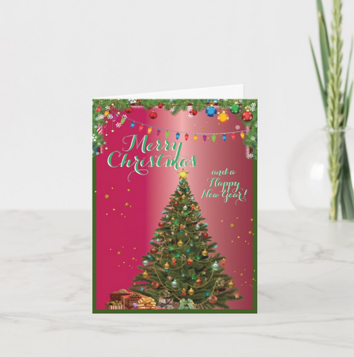 Red and Green Holiday Christmas Tree Card with Personalized text