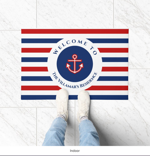 Nautical Marine Navy Blue Red White Stripes Doormat