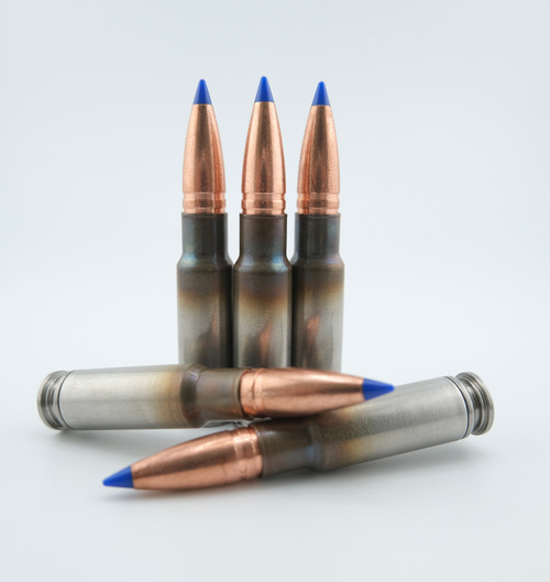 Five 8.6 Blackout "The Genie 2" 185 gr Supersonic TTSX rounds displayed in good lighting, showcasing their solid copper design and precision nas3 8.6 casings.