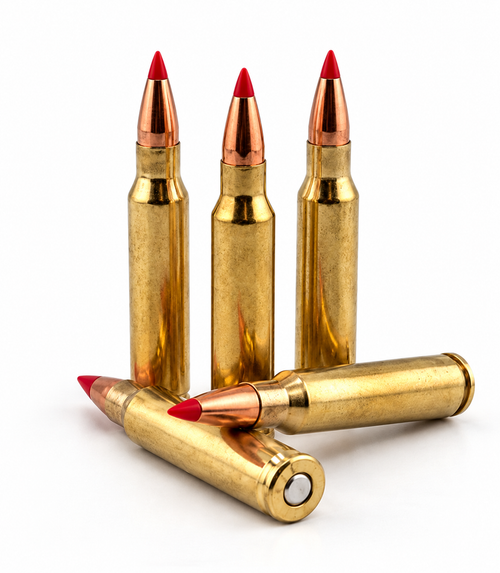 Five rounds of Phantom Defense 55 gr v-max loaded 5.56 showcasing the red ballistic tip of the v-max projectile.