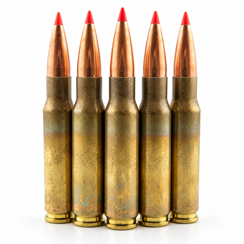 Five rounds of Phantom Defense 308 loaded with a 168 gr ELD-M projectile, showcasing it's red ballistic tip.