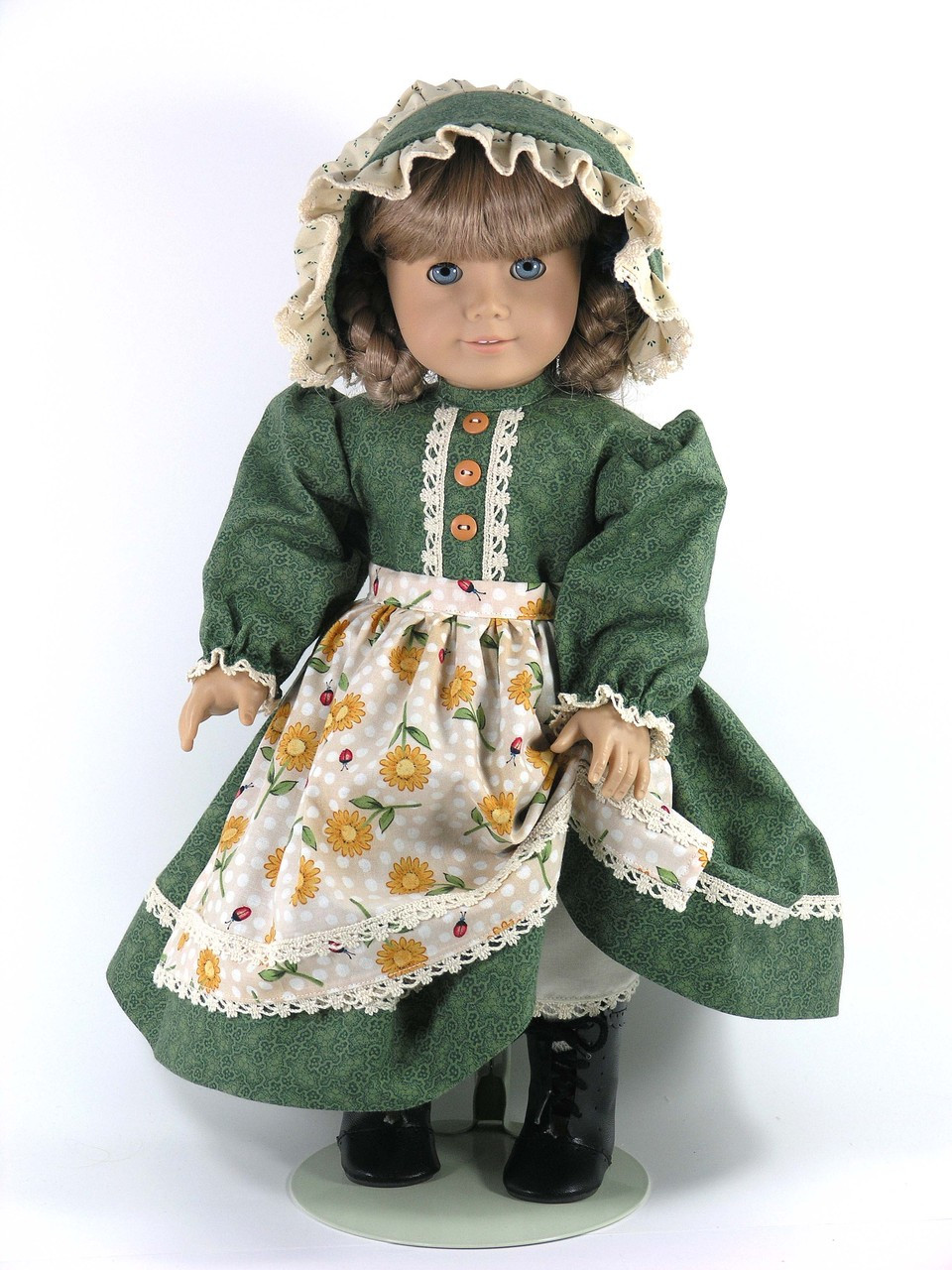 Handmade 1854 Kirsten Colonial Doll Dress, Apron, Bonnet - Sunflowers