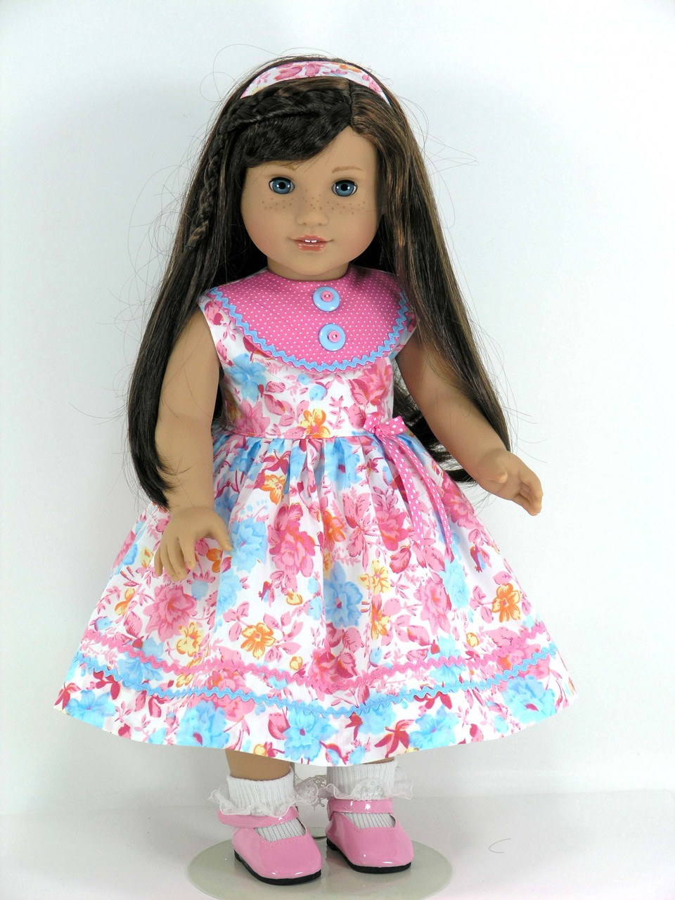 Handmade American Girl Clothes - Doll Dress - Dots, Pink, Blue Floral ...