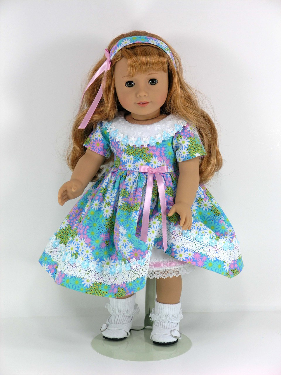 Handmade Clothes for American Doll - Dress, Headband, Pantaloons - Blue,  Pink Flowers - Exclusively Linda Doll Clothes
