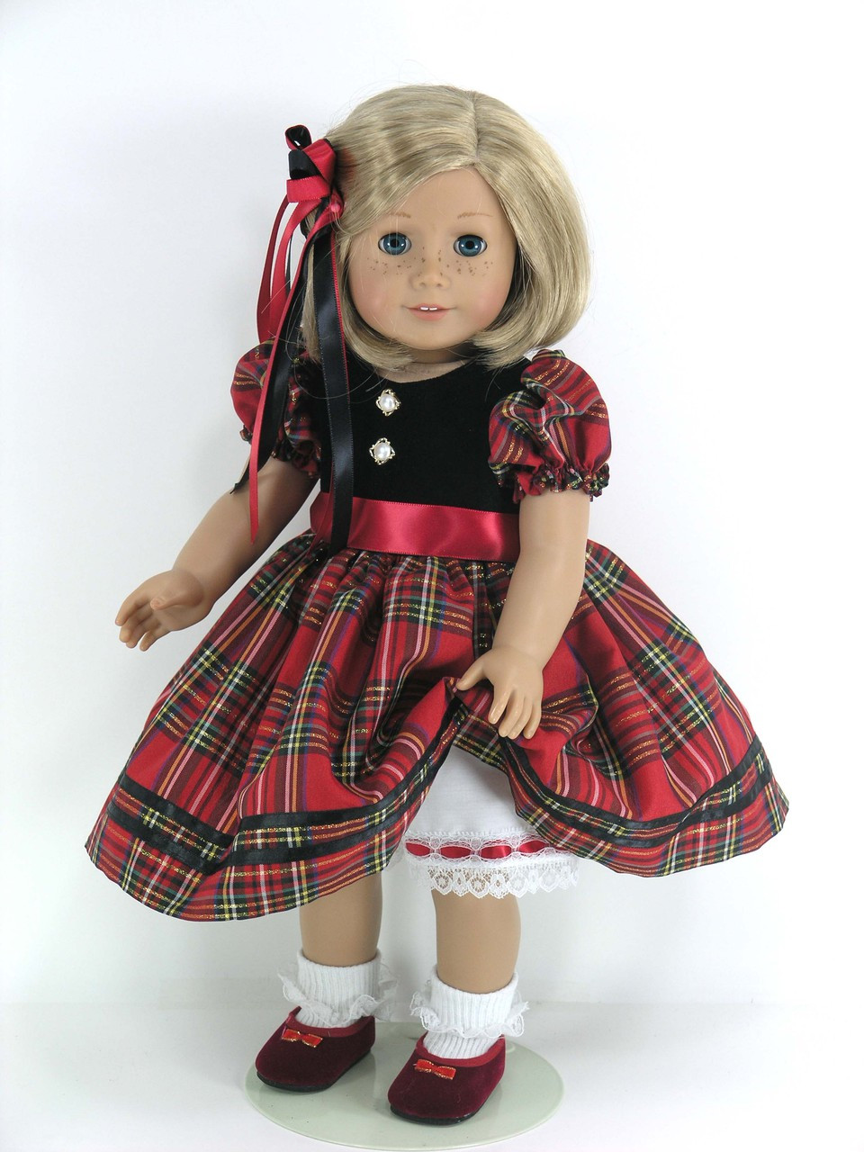 Clothes for American Girl Doll - Christmas Dress, Pantaloons, Hair Ribbons  - Red Taffeta, Velveteen