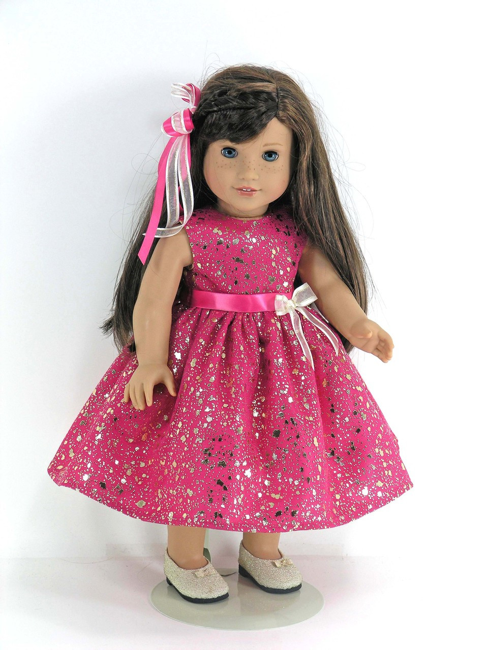 Doll Clothes Handmade for American Girl - Dress, Headband, Pantaloons -  Pink, Gold Lace and Taffeta