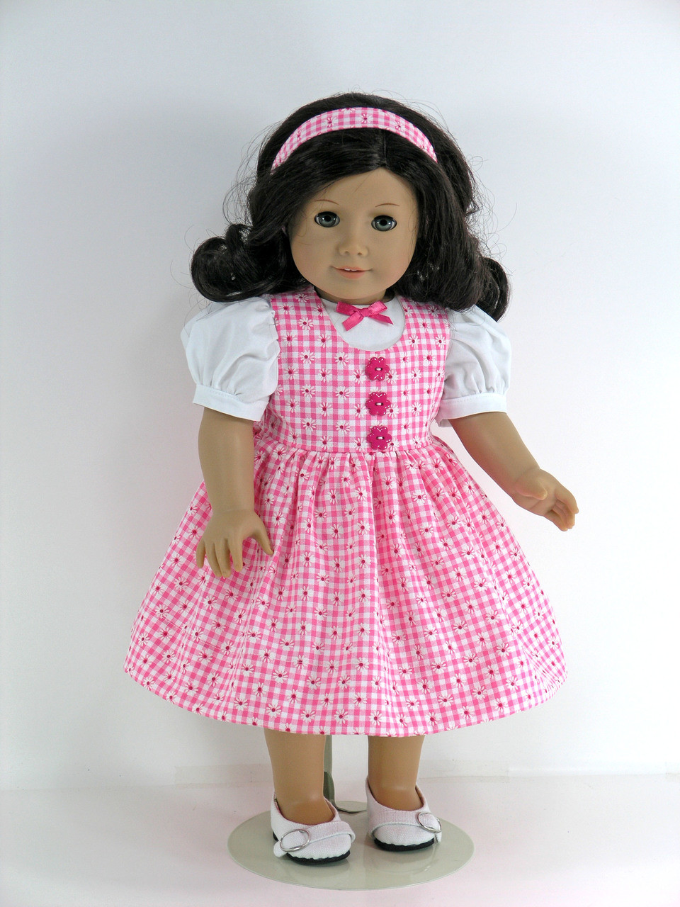 Handmade 18 inch Doll Clothes for American Girl - Sundress or Jumper,  Blouse, Headband, Pantaloons - Pink Check - Exclusively Linda Doll Clothes