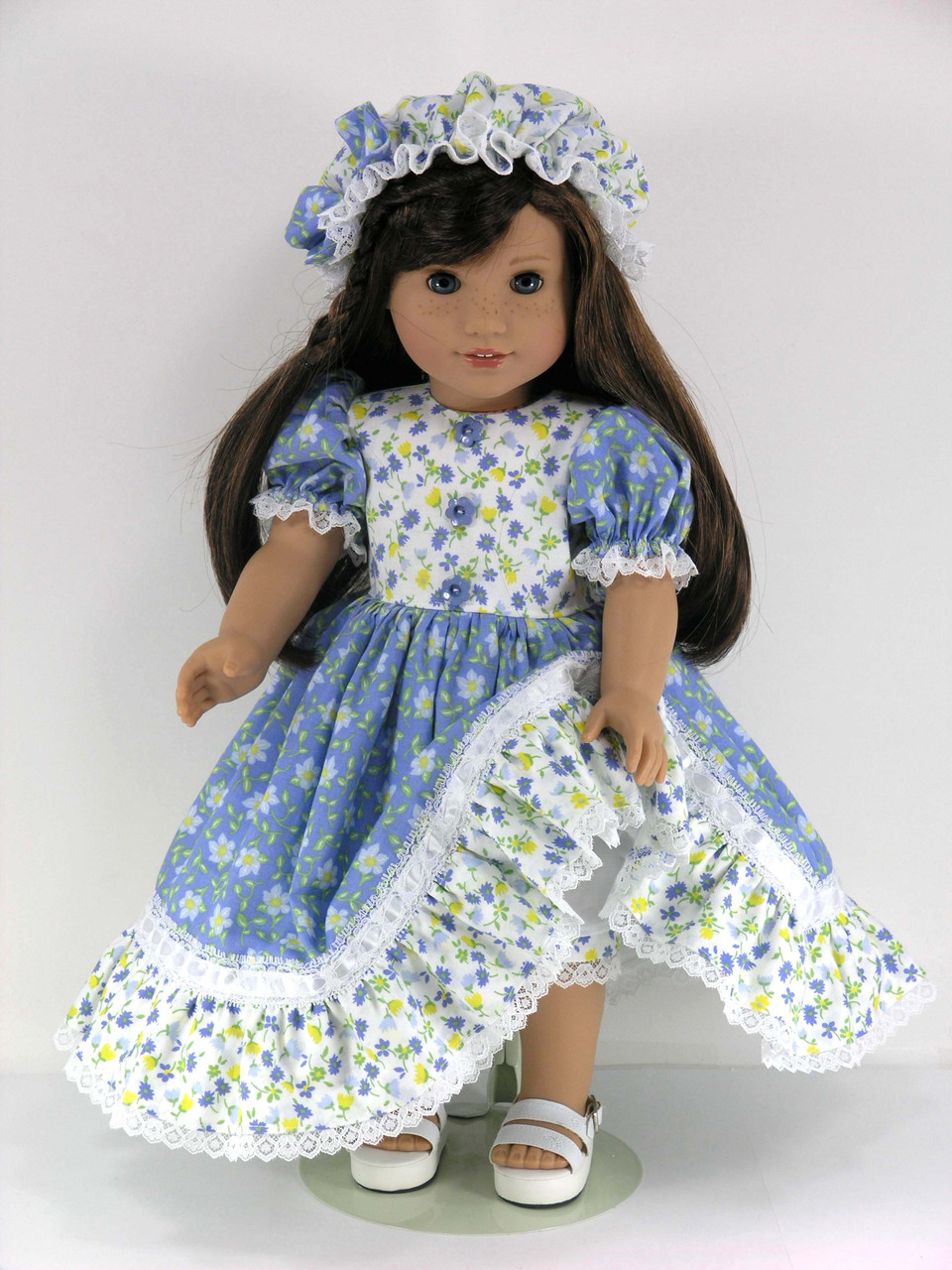 Handmade Doll Clothes Fits 18 American Girl Doll White Blue Floral Dress - white n black floral dress roblox