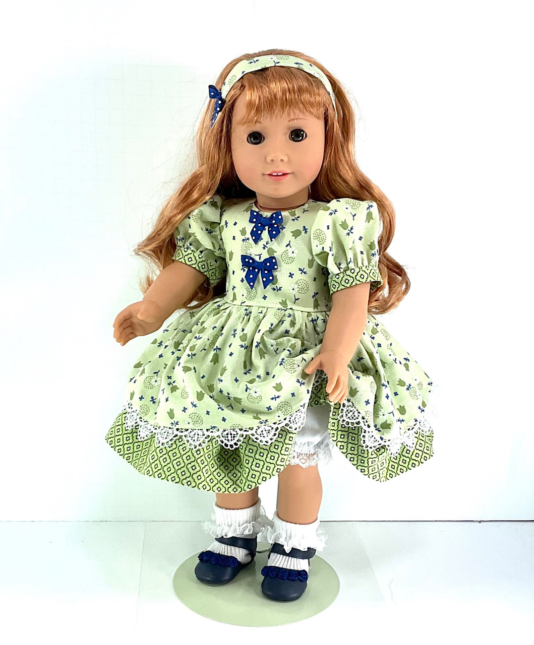 Handmade 18 Inch Doll Clothes fit American Girl - Dress, Headband, Bloomers  - Green, Blue Floral