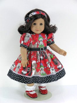 Handmade Christmas Doll Clothes for 18 inch American Girl - Dress, Pantaloons, Headband - Red, Black Sparkle Puppies