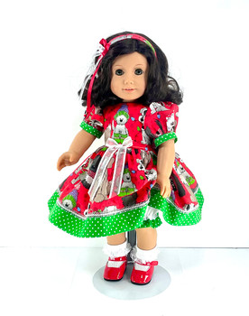 Christmas Doll Clothes Handmade for 18 inch American Girl - Dress, Pantaloons, Headband - Puppies, Green Dot