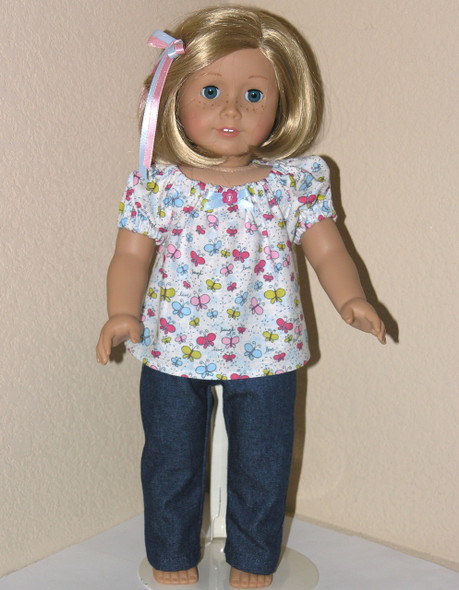 American Girl Doll Handmade Jeans Peasant Blouse Blue Butterfly