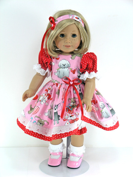 Doll Clothes Handmade for 18 inch American Girl - Dress, Pantaloons, Headband - Puppies, Hearts, Dots