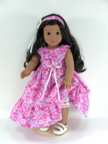 HANDMADE DRESS - FITS ELLOWYNE 16 DOLLS - PINK & GREY FLOWERY; PANTALOONS;  HAT