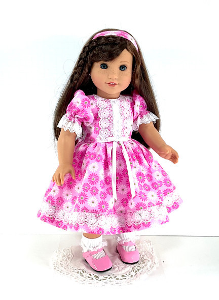 Handmade 18 inch Doll Clothes for American Girl - Pink Daisy Dress, Bloomers and Headband
