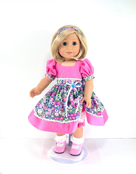 Handmade 18 inch Doll Dress,Headband, Bloomers for American Girl -  Pink, Blue, Green Flowers; Pink Dot