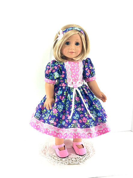 18 inch Handmade Doll Clothes fit American Girl - Dress, Headband, Bloomers - Blue, Pink, Green Floral
