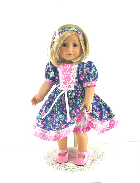 18 inch Handmade Doll Clothes fit American Girl - Dress, Headband, Bloomers - Blue, Pink, Green Floral