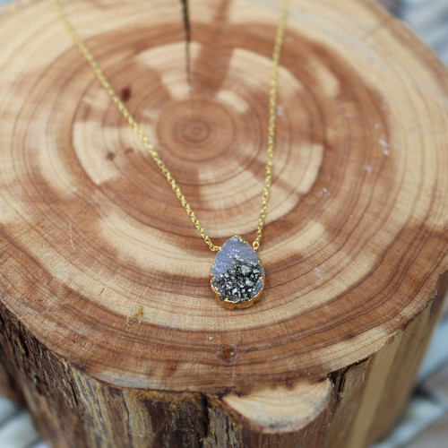 Gold Plated Sterling Silver Necklace with Druzy and Pyrite Tear Drop Charm