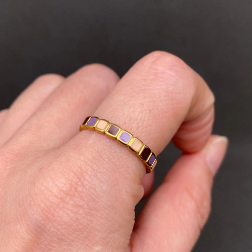 Mio Queena Enamel Grid 18K Gold Plated Steel Ring