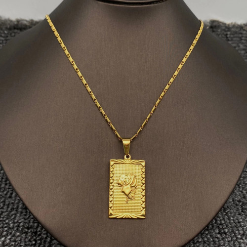 18K Gold Plated Stainless Steel Square Rose Charm Necklace by Mio Queena