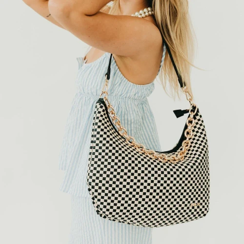 Pretty Simple Checkered Black Sienna Slouchy Woven Shoulder Bag