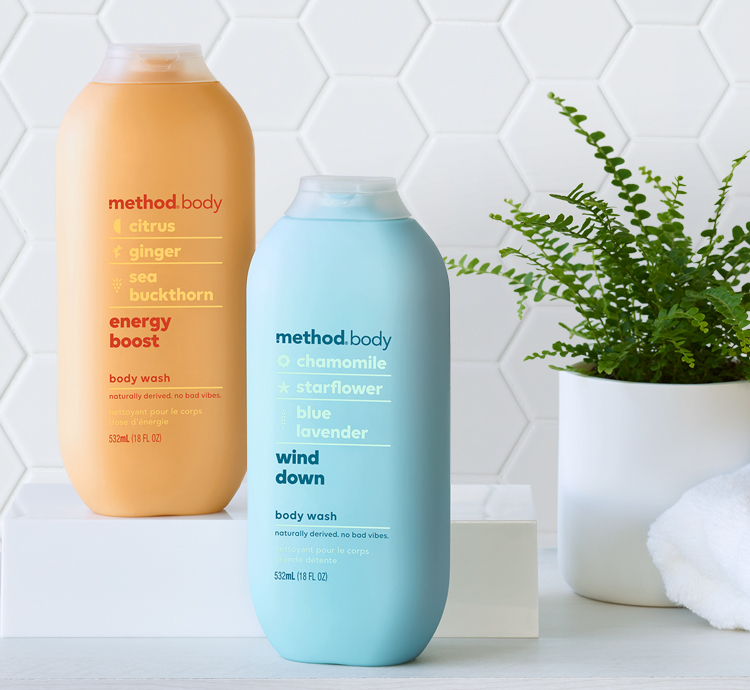 Method Body body wash bottles with white tile backdrop
