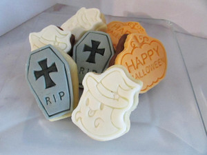 Halloween Mix of Chocolate and Vanilla Sugar Cookies Topped with Rolled Vanilla Buttercream. Includes 2 Pumpkin, RIP and Ghost Themed Cookies Halloween Mix of Chocolate and Vanilla Sugar Cookies Topped with Rolled Vanilla Buttercream. Includes 2 Pumpkin, RIP and Ghost Themed Cookies