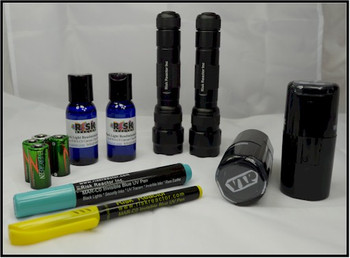 Black light fluorescent stamping kit comes with everything you need for a two door event or bar.