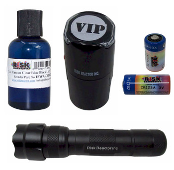 One SUPERTAC-395, 2 x CR123A batteries, RND1 Self Inking Stamper with Pad, 1 ounce of IFWA-C0 Clear Blue Invisible UV Stamping Ink  One SUPERTAC-395, 2 x CR123A batteries, RND1 Self Inking Stamper with Pad, 1 ounce of IFWA-C0 Clear Blue Invisible UV Stamping Ink