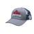 Grey on grey embroidered USA  Red White and Blue Homestead Implements logo American Flag snap back hat, angle view.