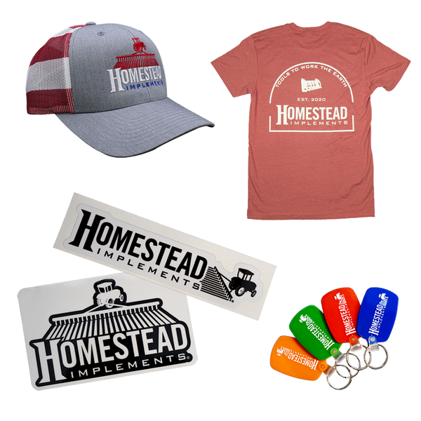 Homestead Implements apparel bundle with shirt, hat, keychain, and stickers