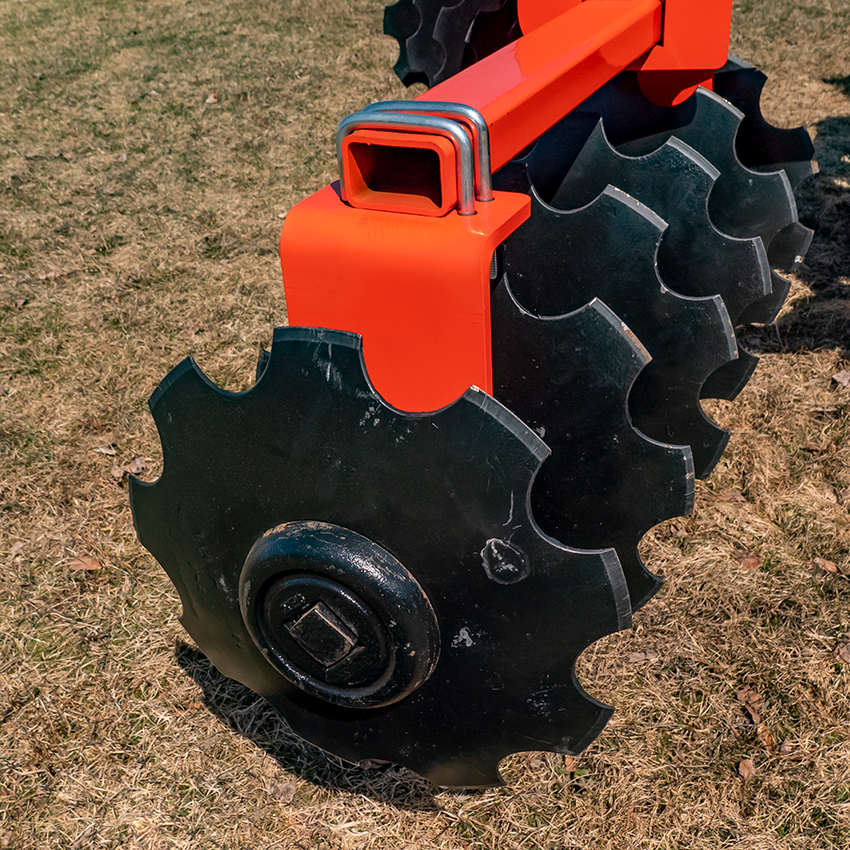 16" Notched Discs on heavy-duty disc harrow. 