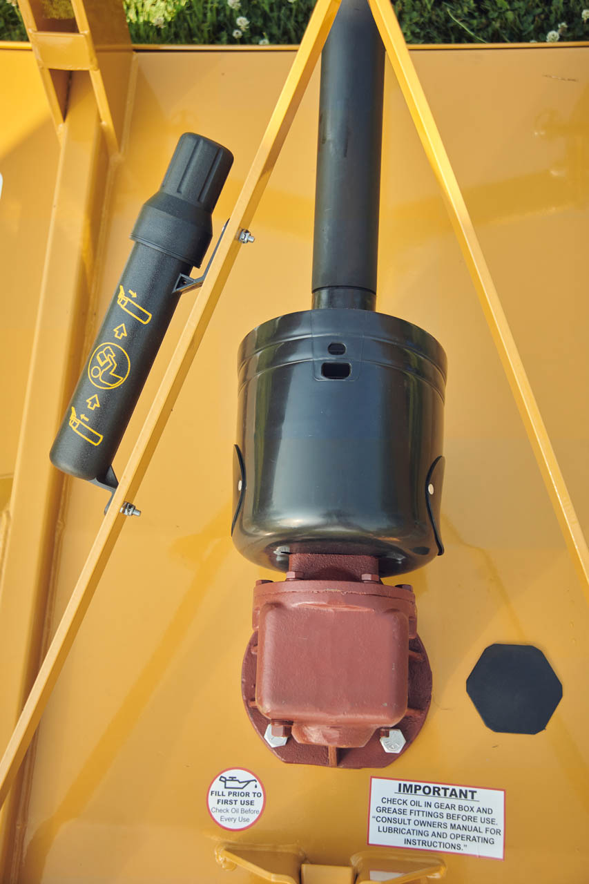 Brush Cutter overhead view of cast-iron gearbox.