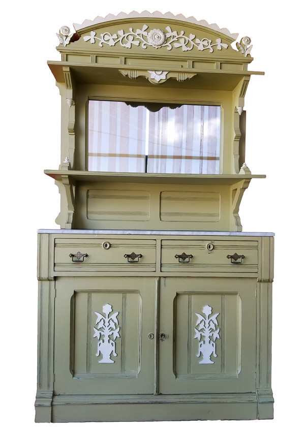 Artisan-painted Eastlake buffet with mirror.