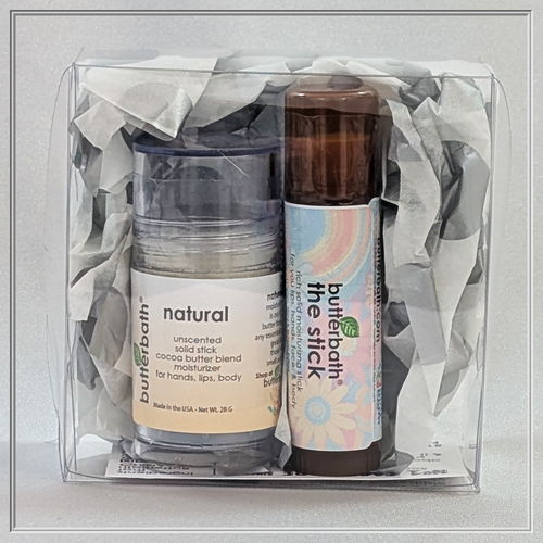 NO-LOW AROMA GIFT SET, includes our Unscented Cocoa Butter Push-Up Moisturizer and our traditional everywhere moisturizer The Stick. The perfect gift set for those with smell sensitivities or those whose environments dictate they use unscented products.