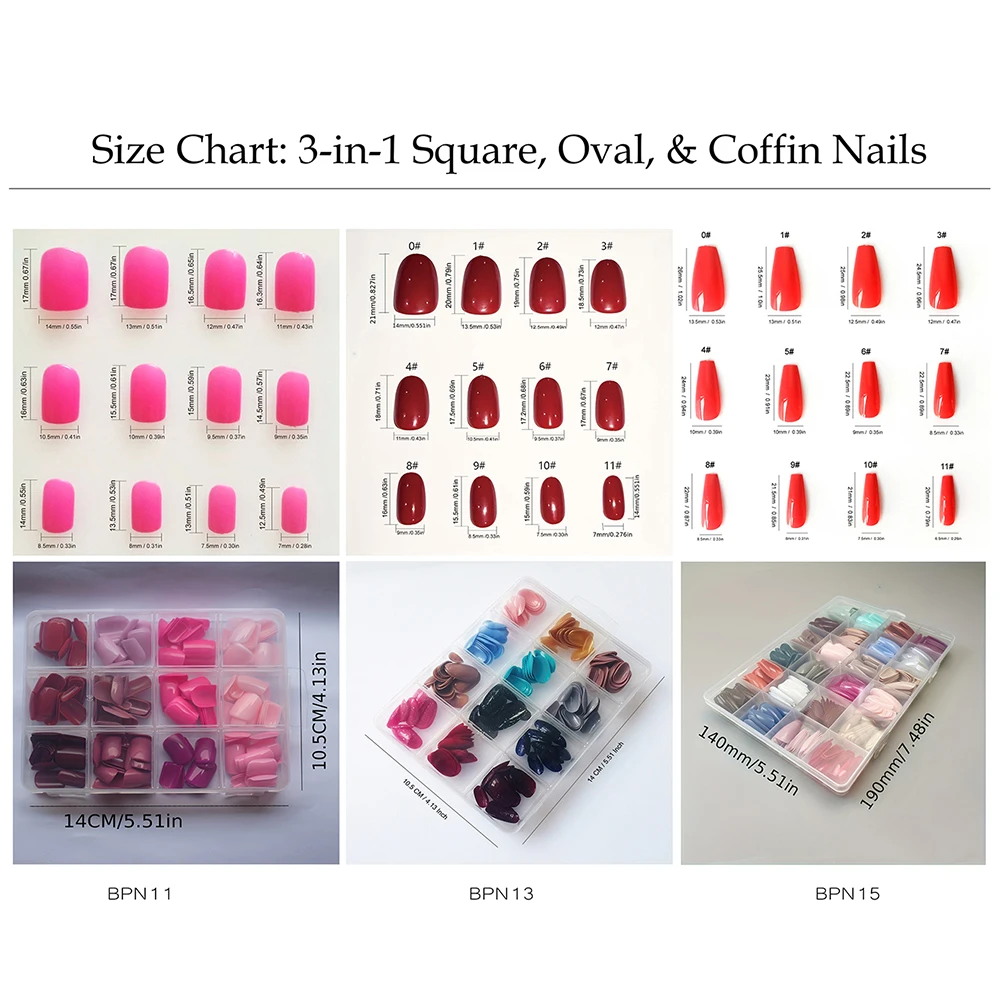 BPN11, BPN13 and BPN15 nail size charts