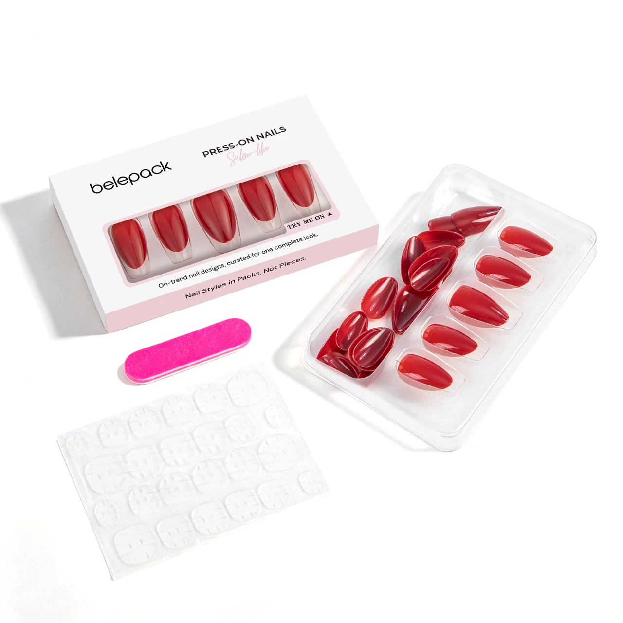 BP018 complete kit with 24 press-on nails, adhesive tabs and nail file