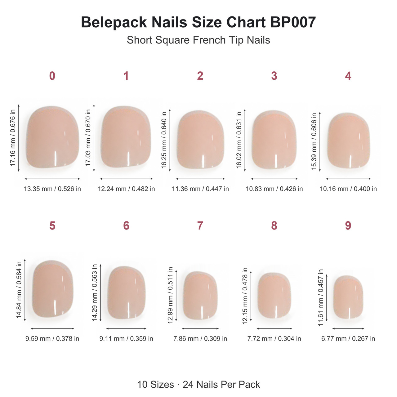 BP007 size chart with 10 nail sizes, length and width in mm and inches
