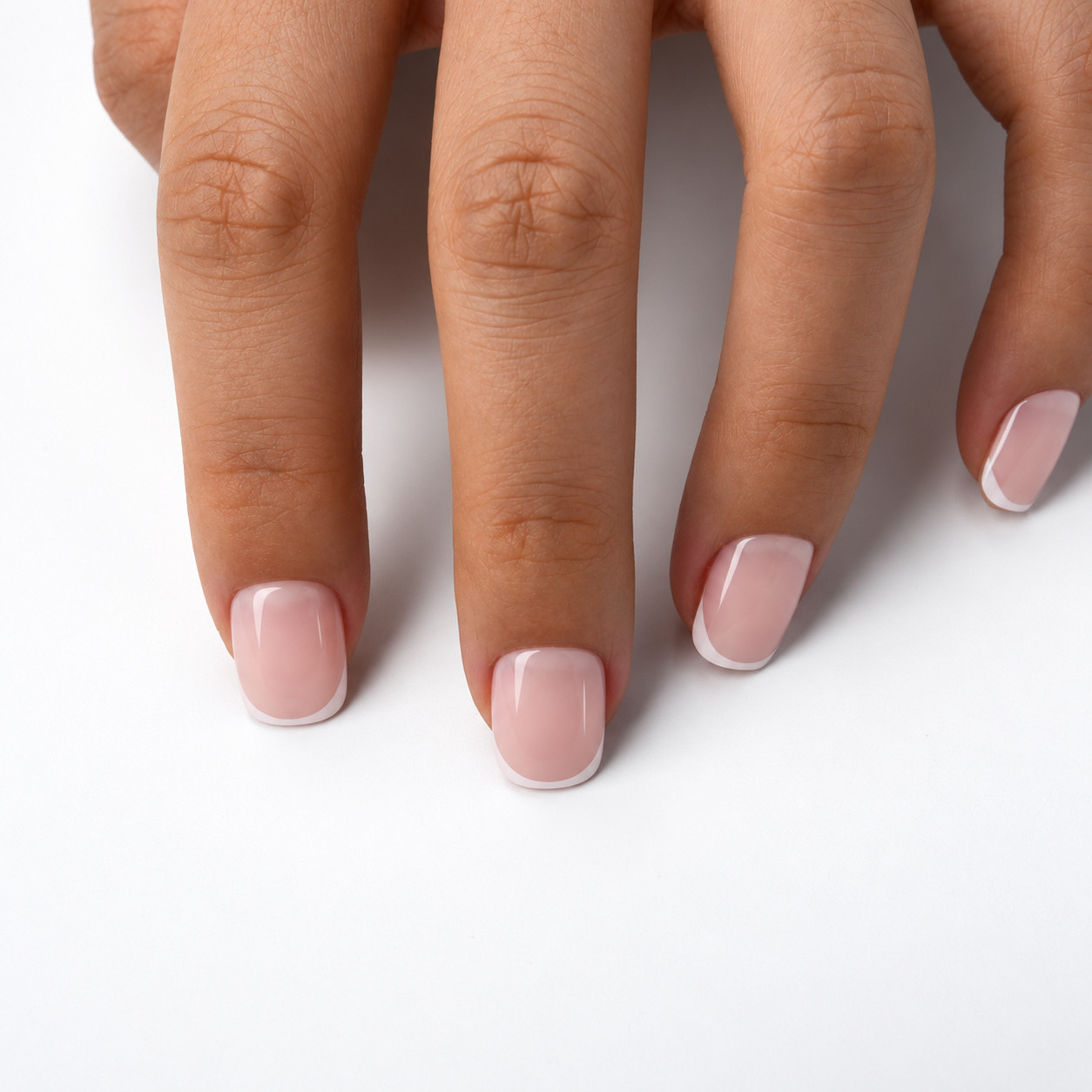 BP007 nude pink French tip press-on nail design close-up